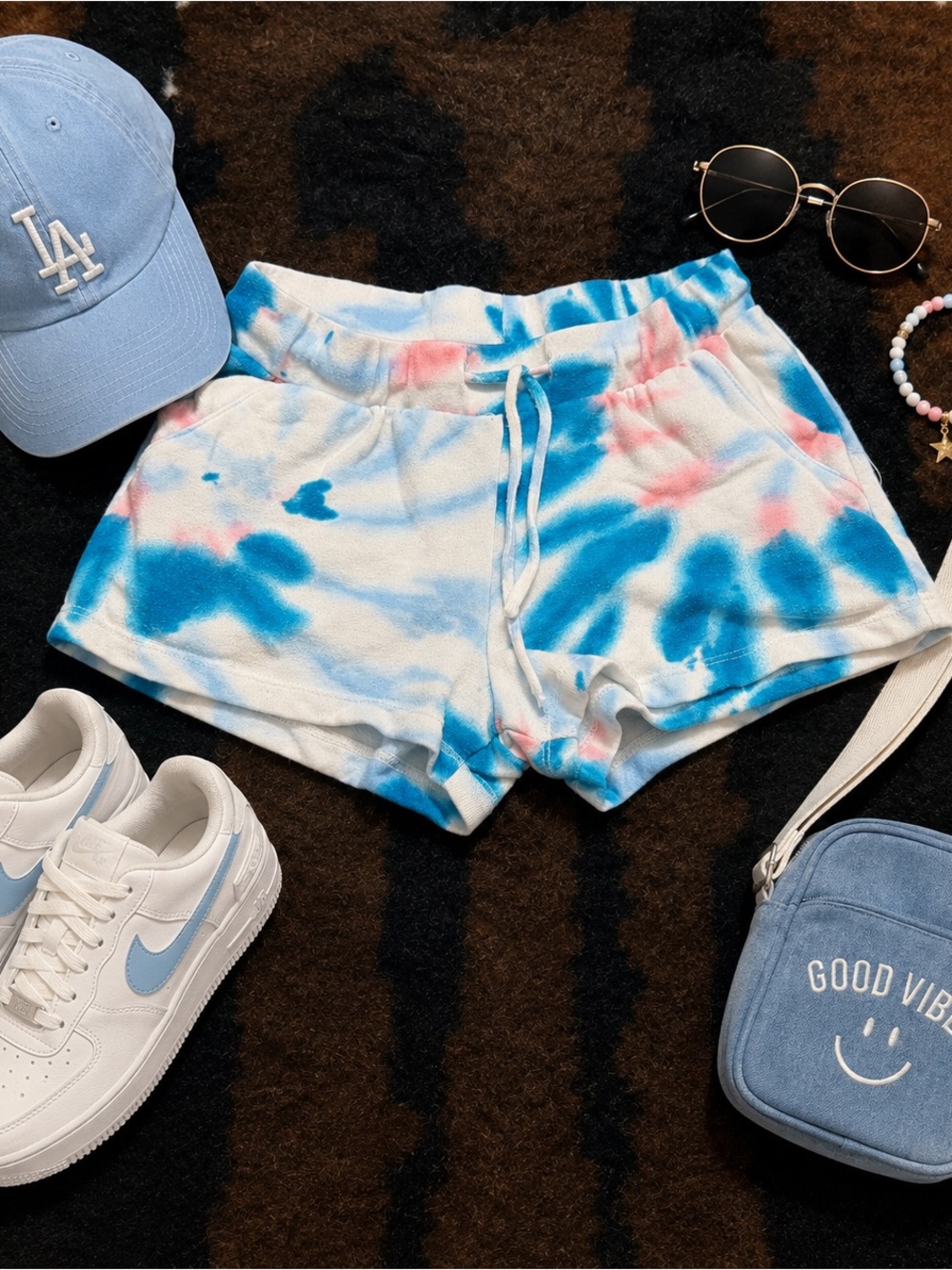 Fornia Girls Blue Pink Tie Dye Terry Shorts Elastic Waist XL 14